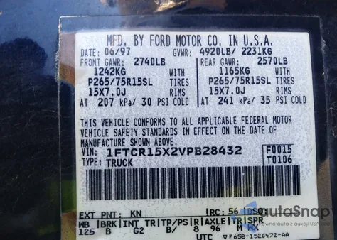 1997 Ford Ranger Splash/Stx/Xlt из США, поврежденный, VIN 1FTCR15X2VPB28432